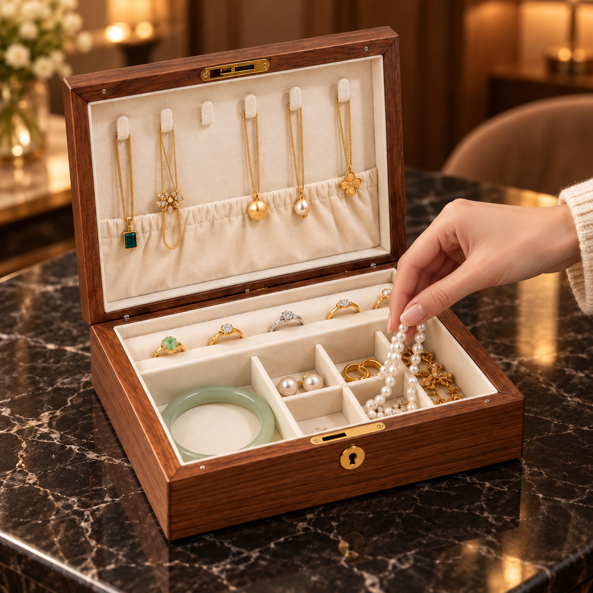 Boîte à bijoux en noyer – Décor signes du zodiaque