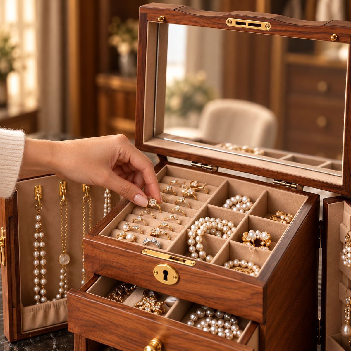 Coffret à bijoux en MDF avec miroir – 5 niveaux