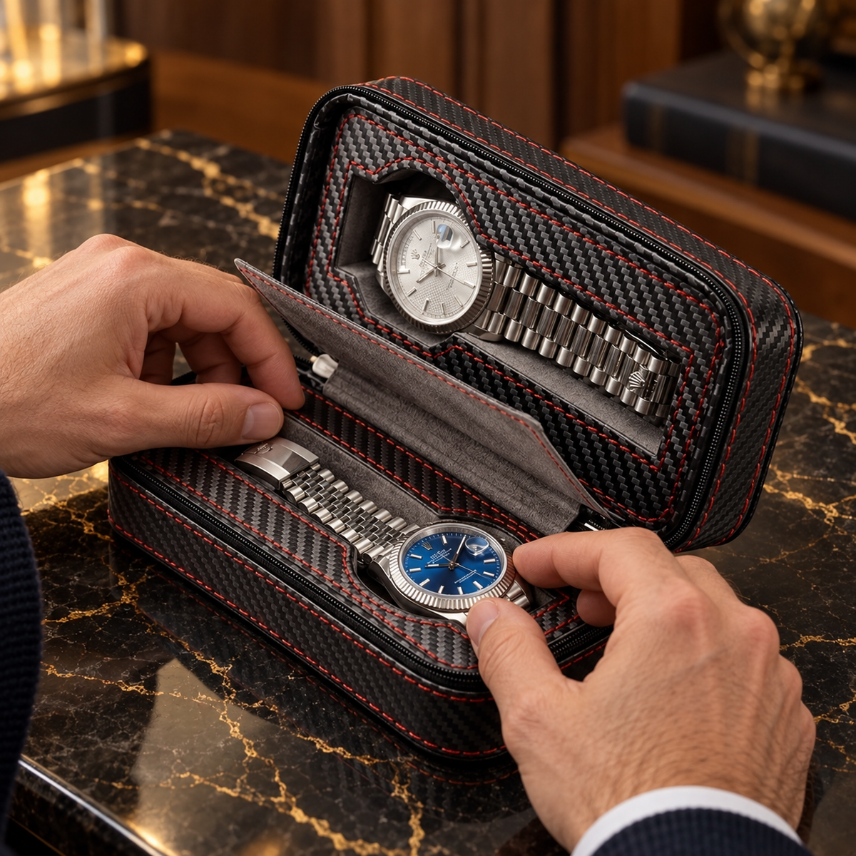 Étui de voyage pour 2 montres – Cuir et fibre de carbone